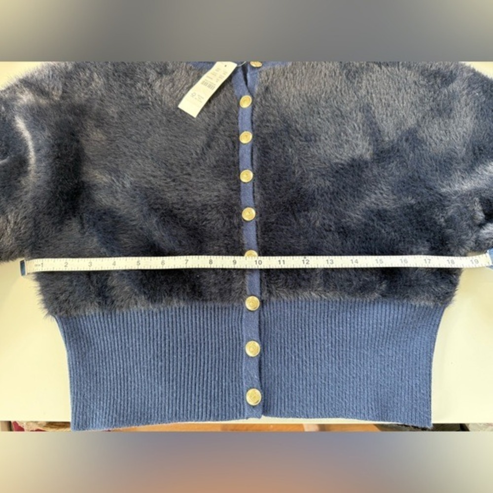 J.Crew Navy Blue Fuzzy Cropped Cardigan Lady Jacket Gold Crest Buttons NWT - Picture 5 of 11
